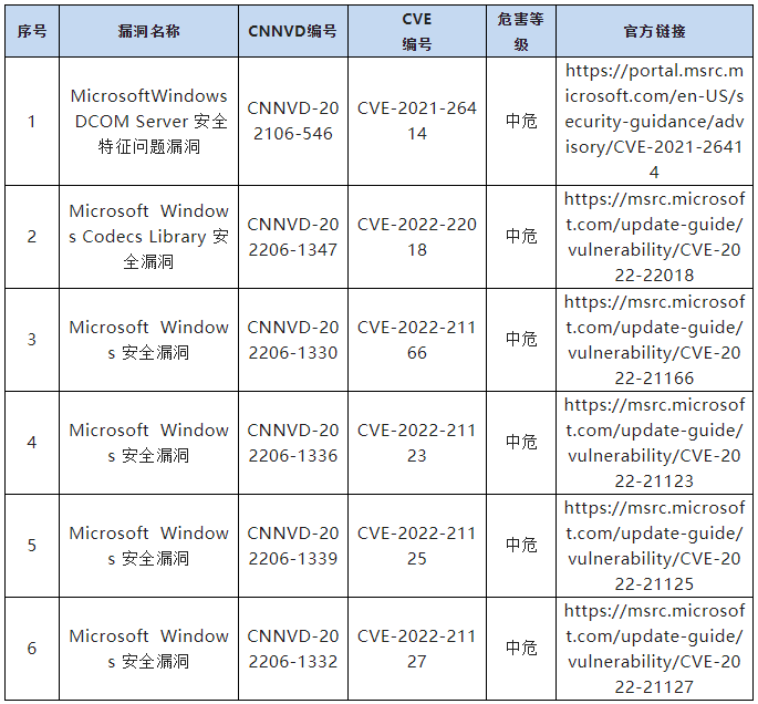 信息安全漏洞月報(bào)（2022年6月）表10